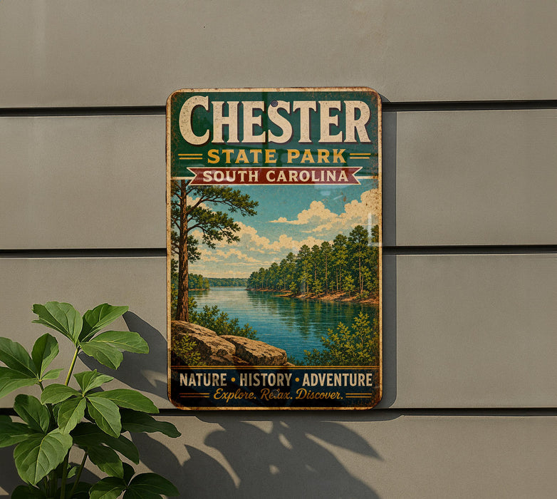 A vintage metal sign for Chester State Park in South Carolina, featuring a scenic landscape with a lake and trees.