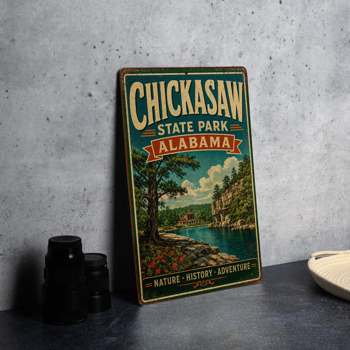 A vintage-style sign for Chickasaw State Park in Alabama, featuring a scenic illustration of a river, trees, and a cabin.