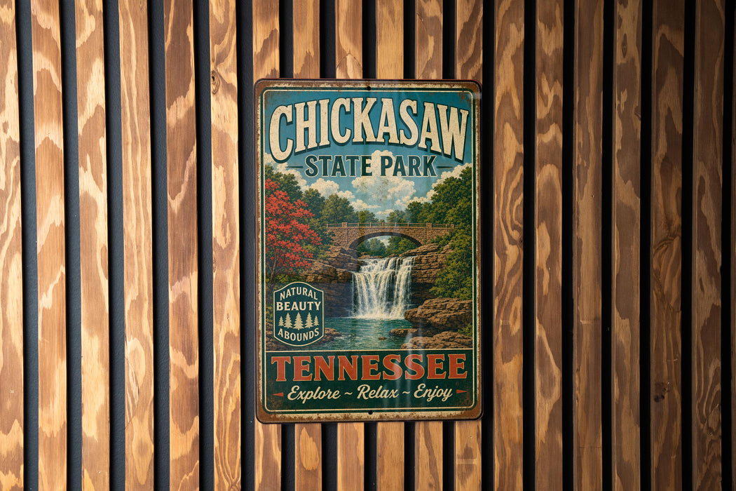 A vintage metal sign for Chickasaw State Park in Tennessee, featuring a scenic image of a waterfall surrounded by lush greenery.