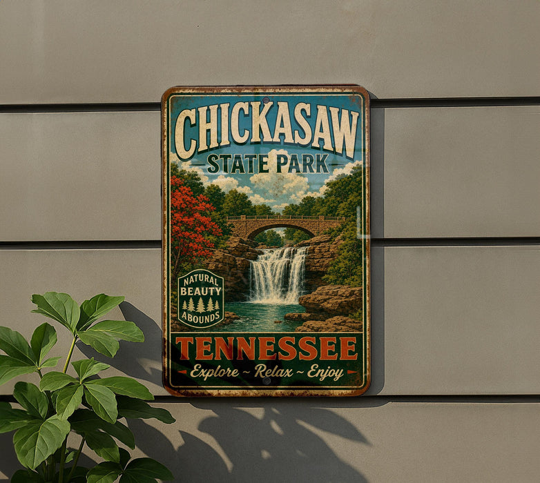 A vintage-style metal sign for Chickasaw State Park in Tennessee, featuring a scenic image of a waterfall surrounded by trees and a bridge.