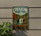 A vintage-style metal sign for Chickasaw State Park in Tennessee, featuring a scenic image of a waterfall surrounded by trees and a bridge.