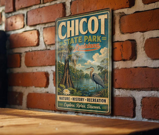 A vintage metal sign for Chicot State Park in Louisiana, featuring a scenic illustration of a bird and a tropical landscape.