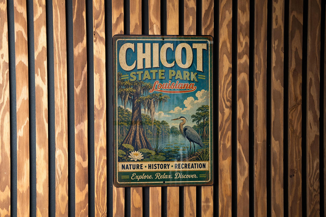 A vintage-style metal sign for Chicot State Park in Louisiana, featuring a bird and a lush, tropical landscape.