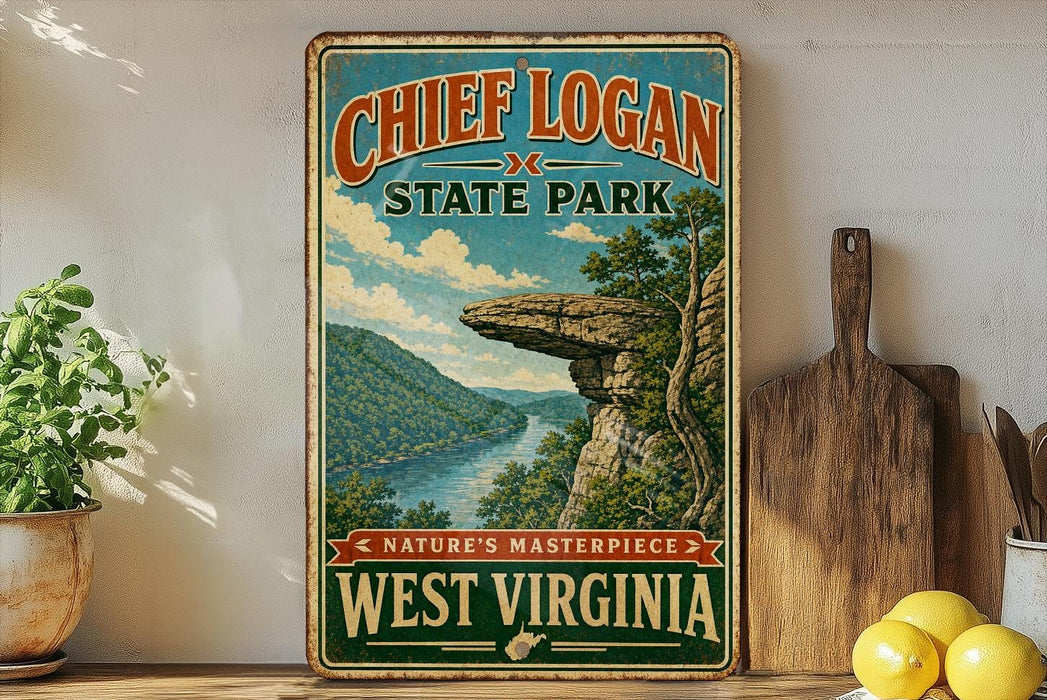 A vintage-style sign for Chief Logan State Park in West Virginia, featuring a scenic landscape with a cliff overlooking a river.