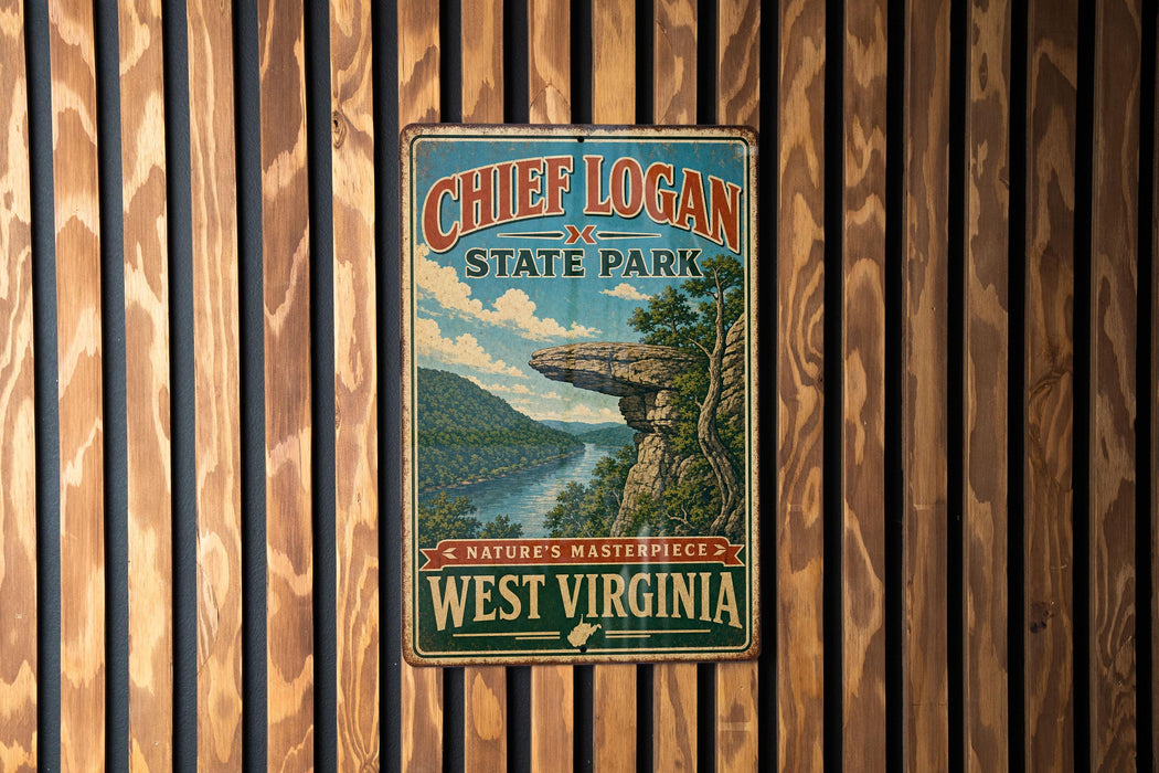 A vintage metal sign for Chief Logan State Park, featuring a scenic landscape with a cliff and river, mounted on a wooden wall.