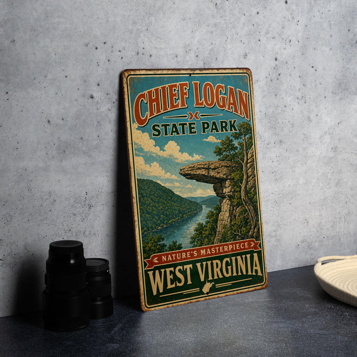A vintage-style sign for Chief Logan State Park, featuring a scenic landscape with a river and mountains, is displayed on a gray wall.