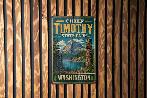 A vintage-style metal sign for Chief Timothy State Park in Washington, featuring a mountain landscape and a Native American-style canoe.