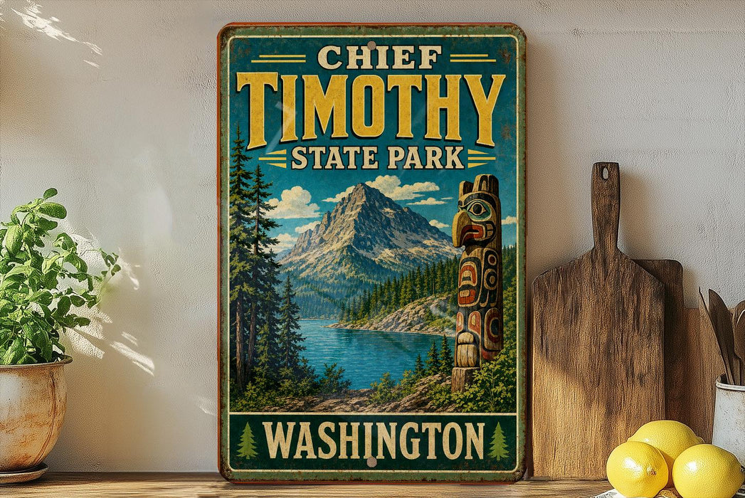 A vintage-style sign for Chief Timothy State Park in Washington, featuring a mountain landscape and a wooden carving of a Native American figure.