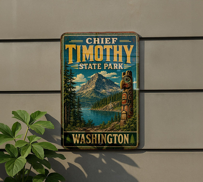 A vintage-style sign for Chief Timothy State Park in Washington, featuring a mountain landscape and a Native American-style canoe.