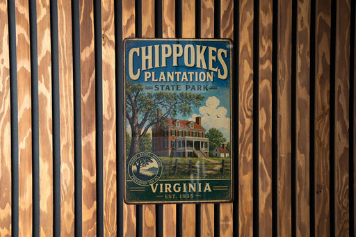 A vintage metal sign for Chipokes Plantation State Park in Virginia, featuring a large illustration of a historic plantation house surrounded by trees.