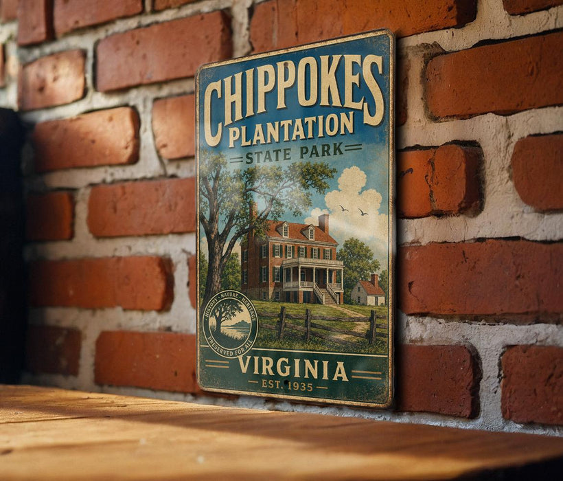 A vintage-style metal sign for Chipokes Plantation State Park in Virginia, featuring an illustration of a historic building surrounded by trees.