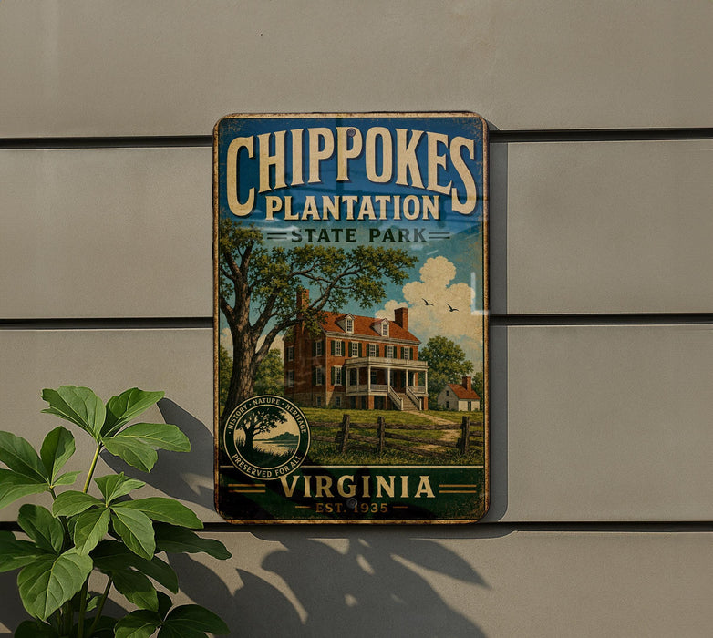 A vintage-style sign for Chippokes Plantation State Park in Virginia, featuring an illustration of a historic building surrounded by trees.