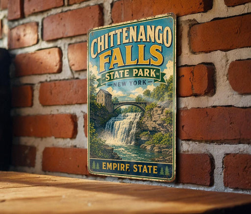 A vintage metal sign for Chittengo Falls State Park in New York, featuring a scenic image of the waterfall and surrounding landscape.