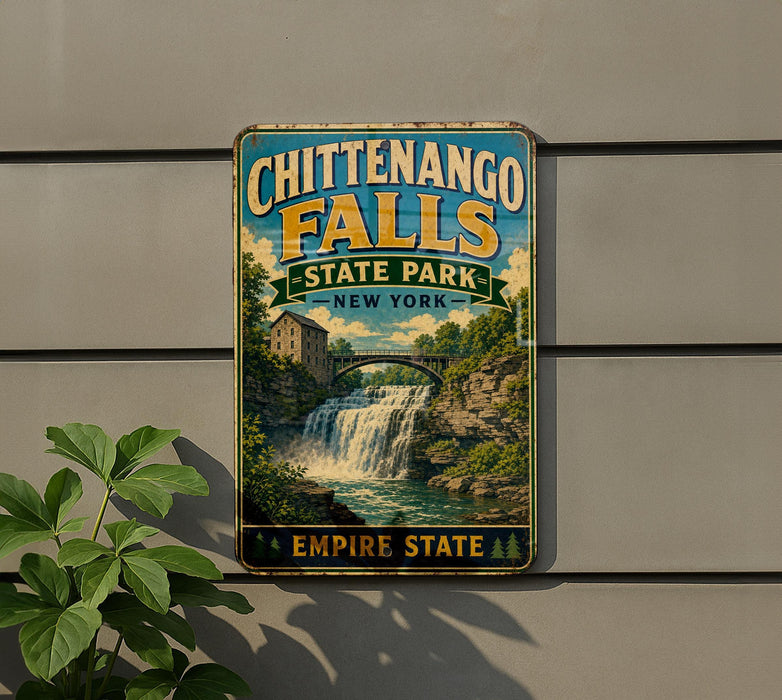 A vintage-style metal sign for Chittengo Falls State Park in New York, featuring a scenic image of a waterfall surrounded by lush greenery.