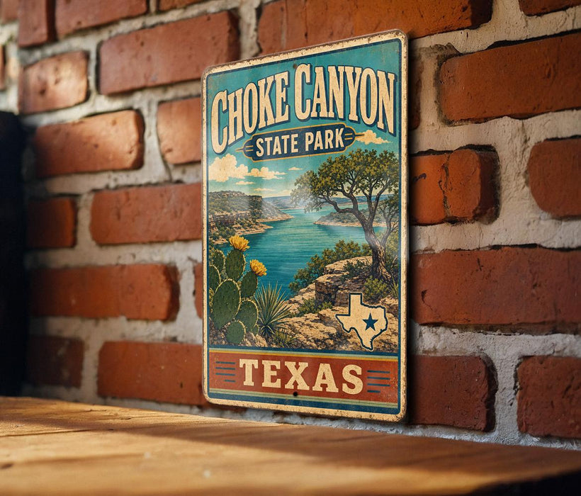 A vintage-style metal sign for Choke Canyon State Park in Texas, featuring a scenic landscape with a lake, mountains, and cacti.