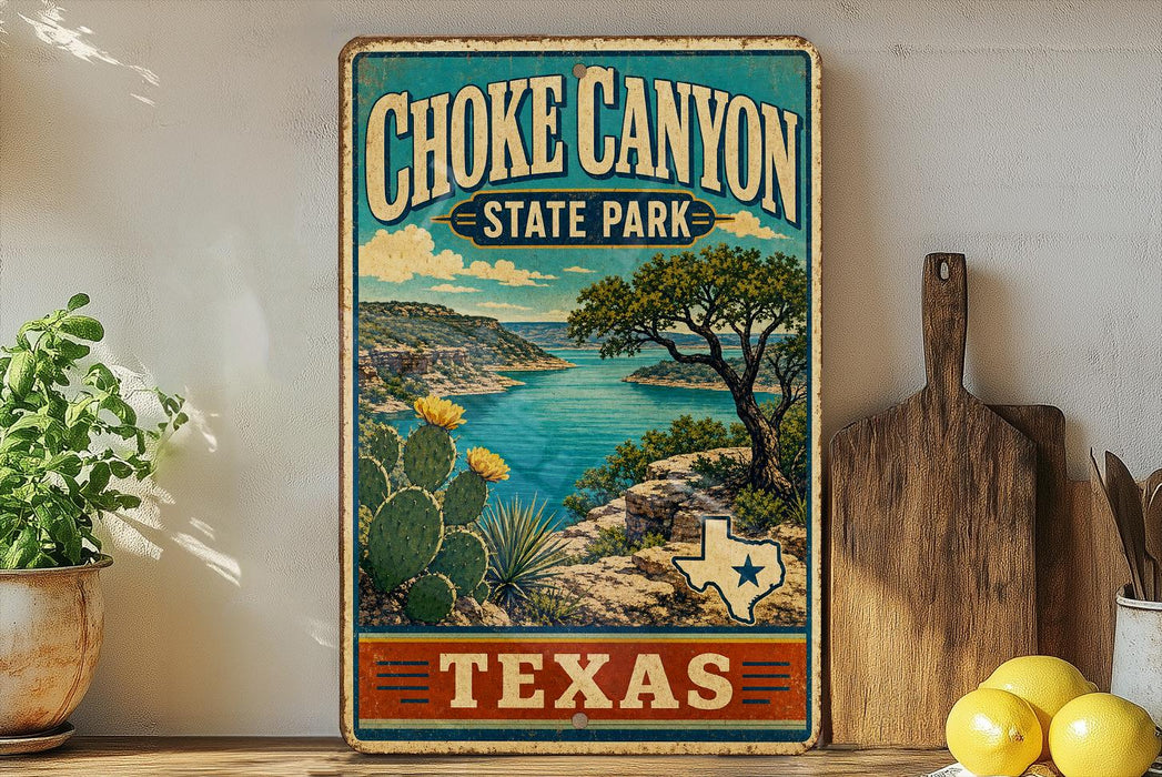 A vintage-style sign for Choke Canyon State Park in Texas, featuring a scenic landscape with a lake, mountains, and cacti.