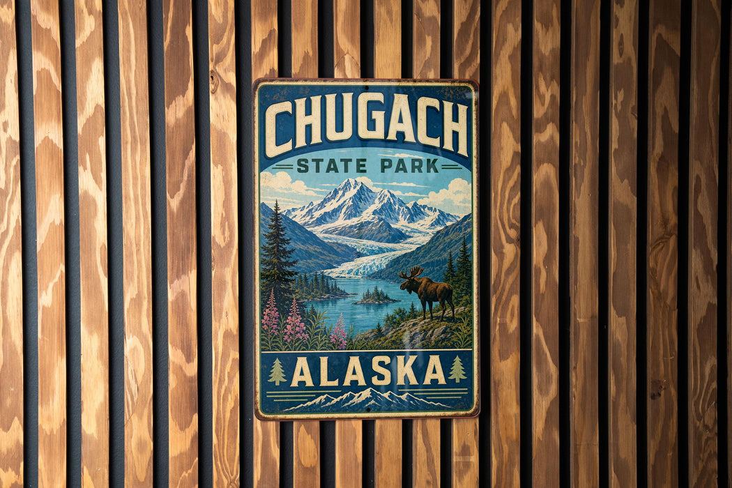 A vintage metal sign for Chugach State Park in Alaska, featuring a scenic mountain landscape with a moose in the foreground.