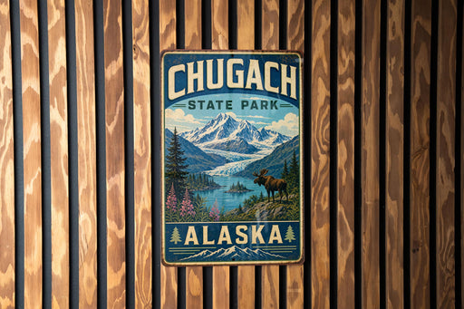 A vintage metal sign for Chugach State Park in Alaska, featuring a scenic mountain landscape with a moose in the foreground.