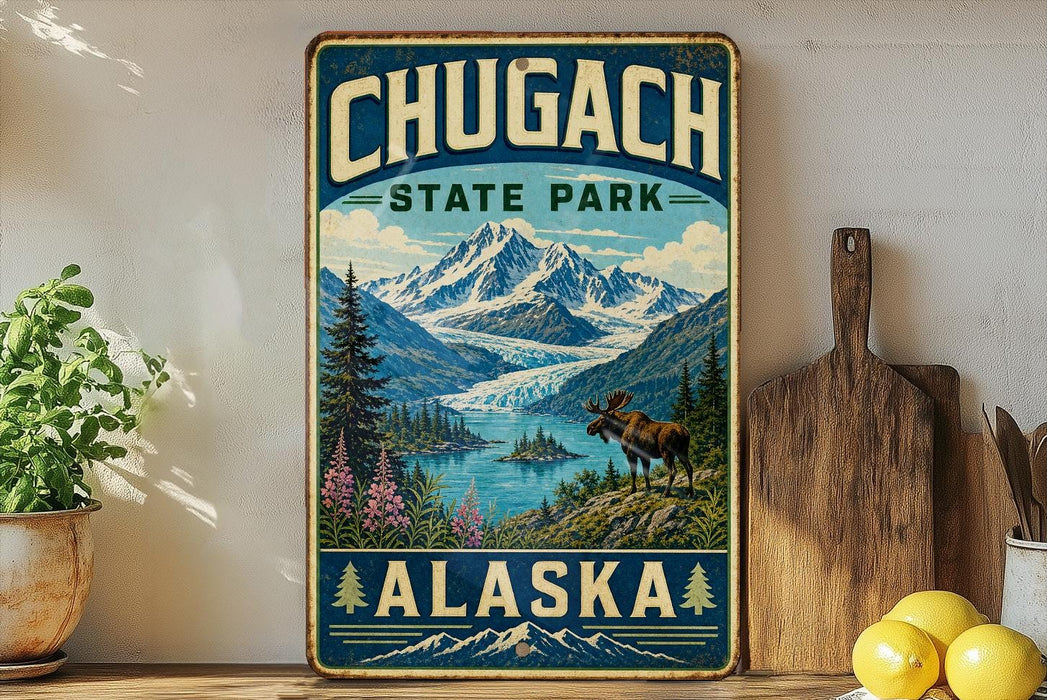 A vintage-style metal sign for Chugach State Park in Alaska, featuring a scenic mountain landscape with a moose in the foreground.