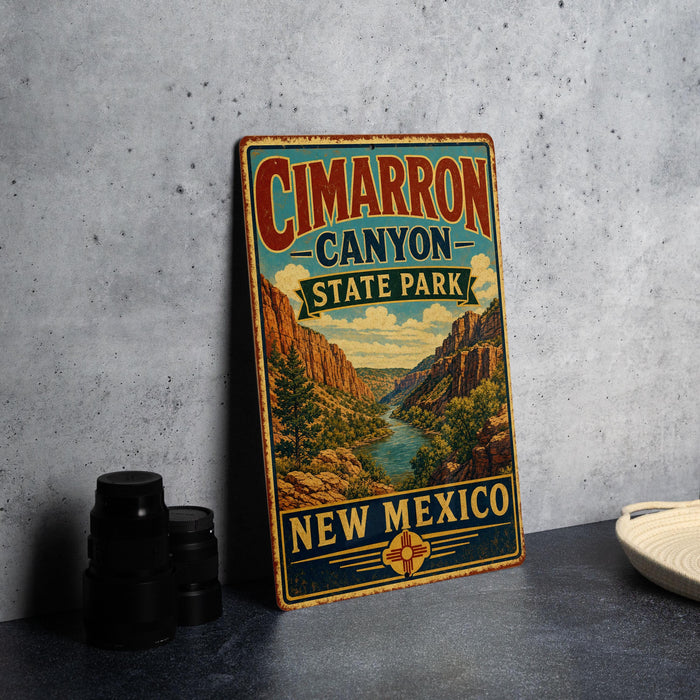 A vintage-style metal sign for Cimarron Canyon State Park in New Mexico, featuring a scenic illustration of the canyon landscape.