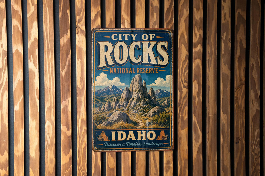 A vintage-style metal sign for the City of Rocks National Reserve in Idaho, featuring a mountain landscape and the text "City of Rocks National Reserve Idaho" prominently displayed.