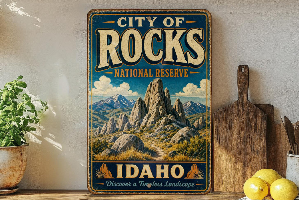 A vintage-style sign for the City of Rocks National Reserve in Idaho, featuring a scenic mountain landscape.