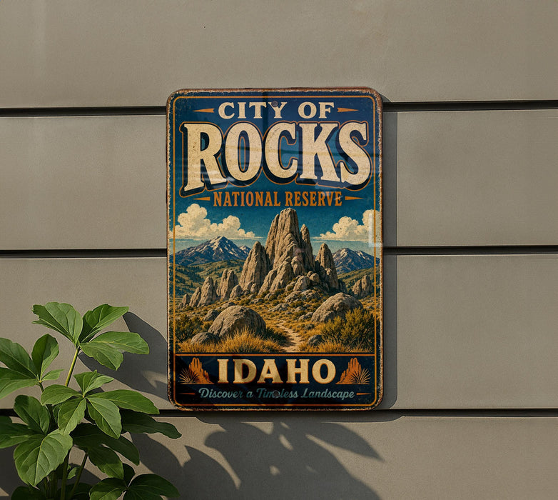 A vintage-style metal sign for the City of Rocks National Reserve in Idaho, featuring a scenic mountain landscape.