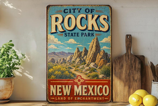 A vintage-style sign for City of Rocks State Park in New Mexico, featuring a desert landscape with mountains and a path leading through the scenery.