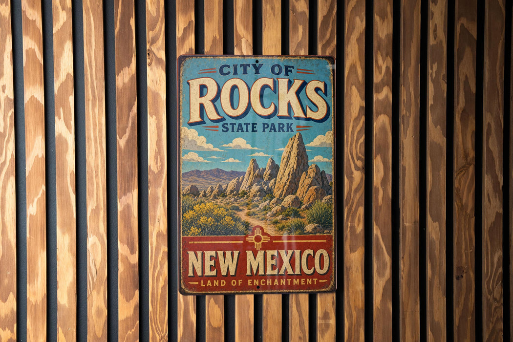 A vintage metal sign for City of Rocks State Park in New Mexico, featuring a scenic illustration of the park's landscape.