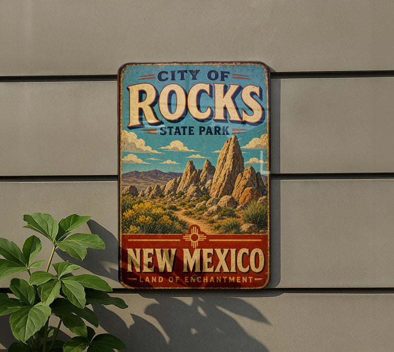 A vintage-style metal sign for City of Rocks State Park in New Mexico, featuring a desert landscape with mountains and a prominent "New Mexico" text.