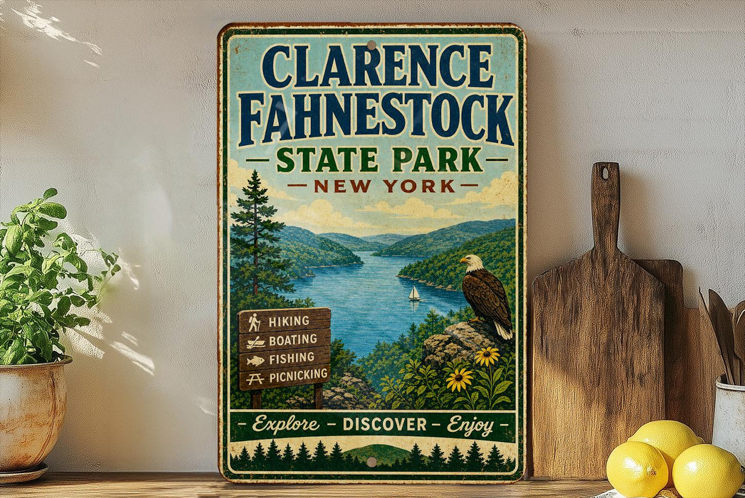 A vintage-style metal sign for Clarence Fahnestock State Park in New York, featuring a scenic landscape with a lake, mountains, and an eagle.