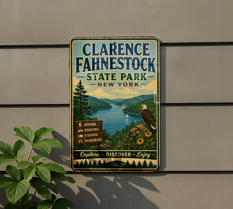 A vintage metal sign for Clarence Fahnestock State Park in New York, featuring a scenic landscape with a river, mountains, and a bird.