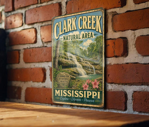 A vintage-style metal sign for Clark Creek Natural Area in Mississippi, featuring a scenic image of a waterfall surrounded by lush greenery.