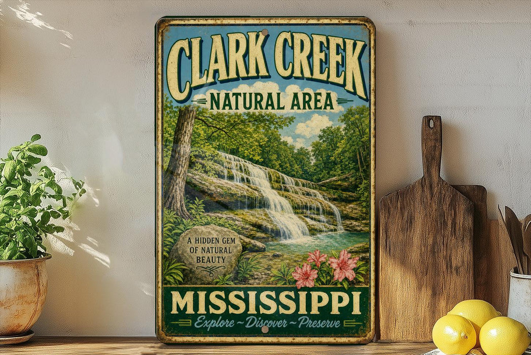 A vintage-style sign for Clark Creek Natural Area in Mississippi, featuring a waterfall and lush greenery.