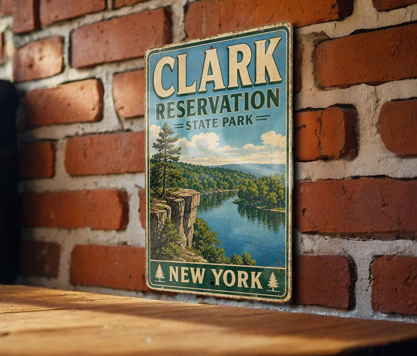 A vintage metal sign for Clark Reservation State Park in New York, featuring a scenic landscape with a lake and mountains.