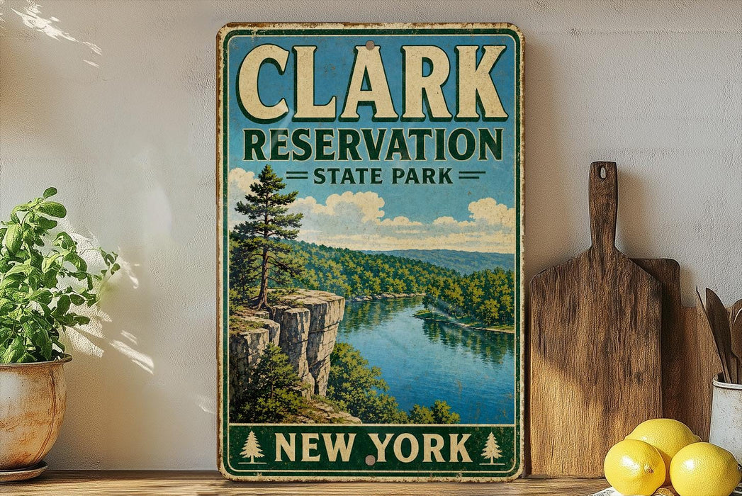 A vintage-style sign for Clark Reservation State Park in New York, featuring a scenic landscape with a lake and mountains.