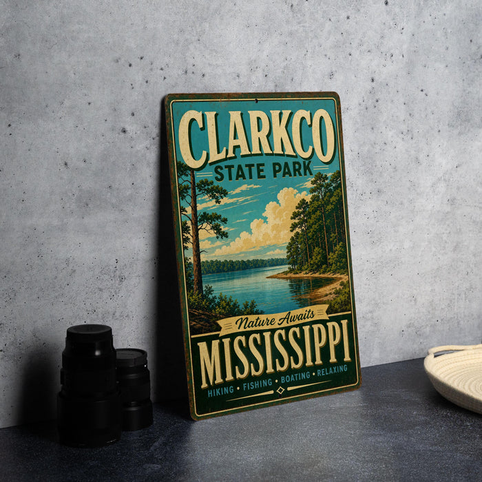 A vintage metal sign for Clarkco State Park, featuring a scenic landscape with a lake and forest, is displayed on a gray countertop next to some black camera lenses.
