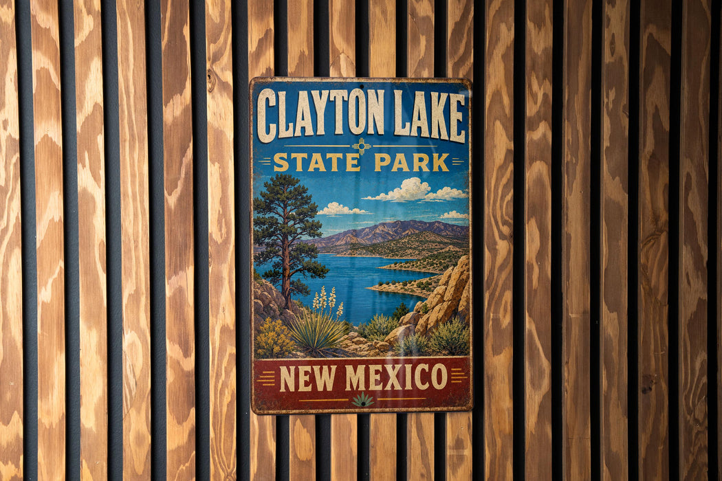 A vintage metal sign for Clayton Lake State Park in New Mexico, featuring a scenic landscape with mountains, a lake, and a desert.