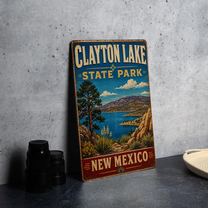 A vintage-style sign for Clayton Lake State Park in New Mexico, featuring a scenic landscape with mountains, a lake, and desert vegetation.
