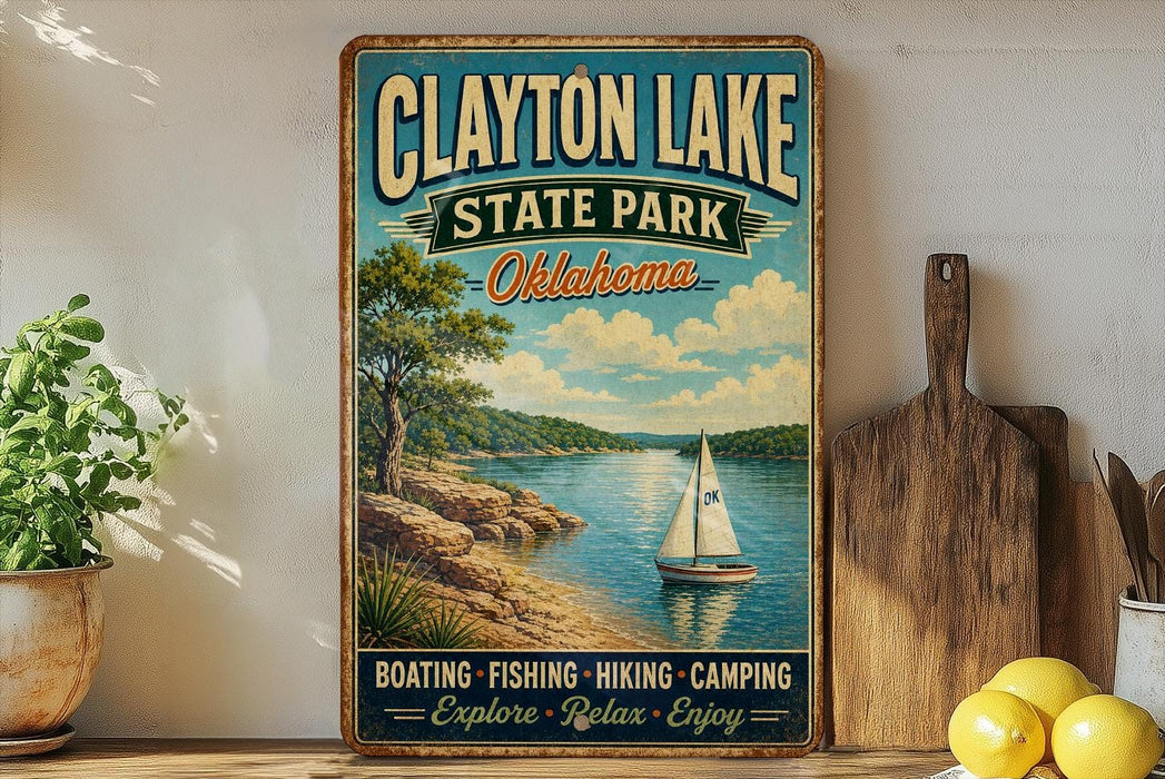 A vintage-style sign for Clayton Lake State Park in Oklahoma, featuring a sailboat on a lake and a scenic landscape.