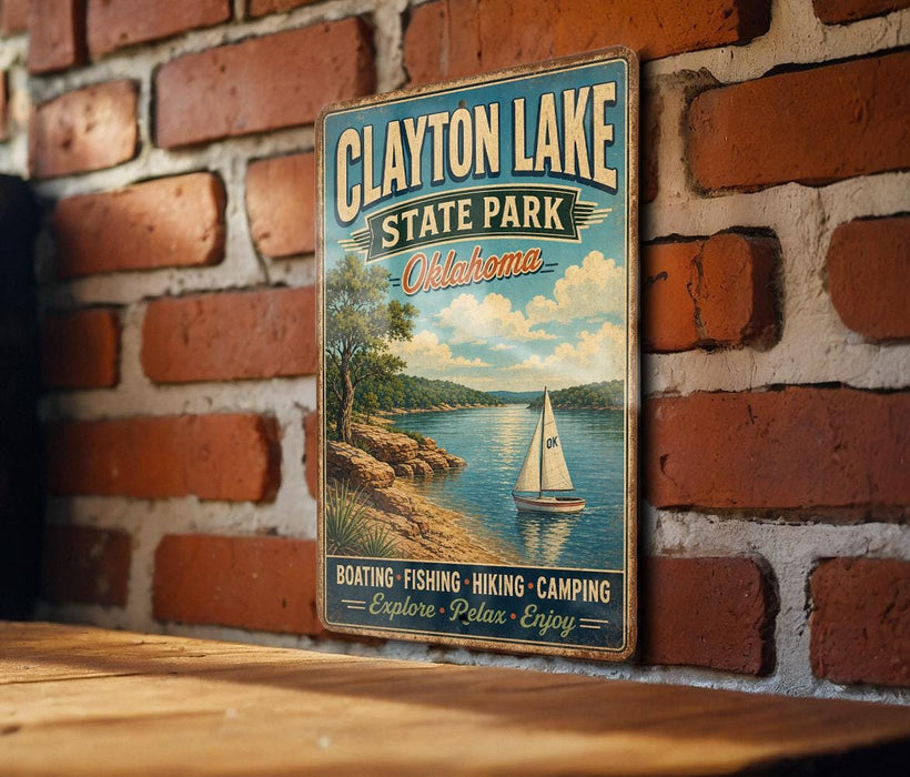 A vintage-style metal sign for Clayton Lake State Park in Oklahoma, featuring a sailboat on a lake and text promoting various outdoor activities such as boating, fishing, hiking, camping, and relaxation.