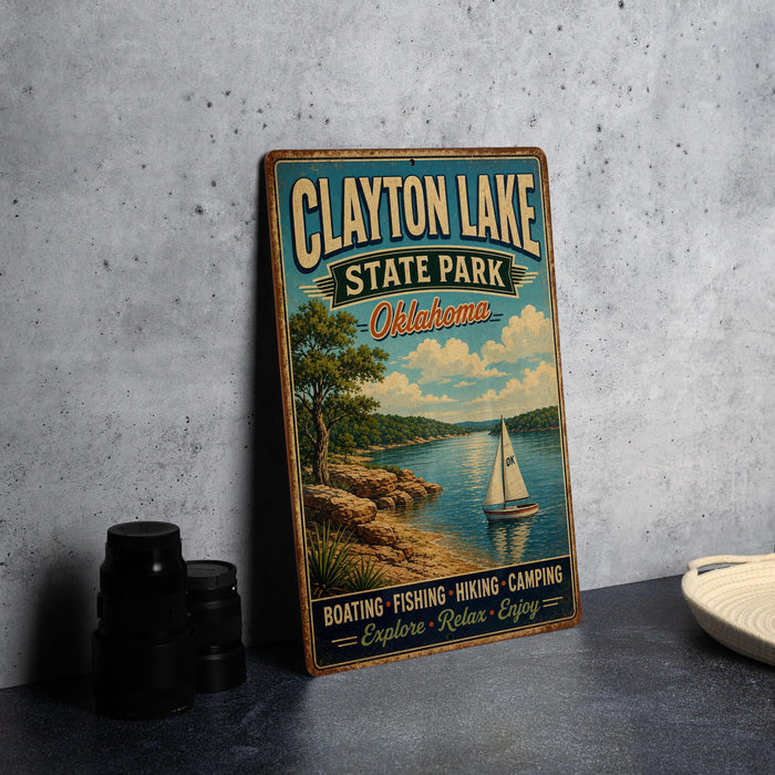 A vintage-style metal sign for Clayton Lake State Park in Oklahoma, featuring a scenic landscape with a sailboat on the lake.