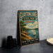 A vintage-style metal sign for Clayton Lake State Park in Oklahoma, featuring a scenic landscape with a sailboat on the lake.