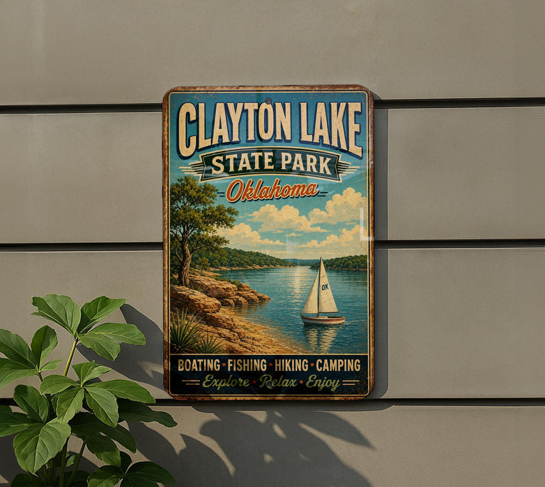 A vintage-style metal sign for Clayton Lake State Park in Oklahoma, featuring a sailboat on a lake and text promoting various outdoor activities such as boating, fishing, hiking, and camping.