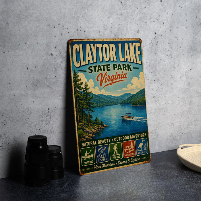 A vintage-style sign for Claytor Lake State Park, Virginia, featuring a scenic illustration of the lake surrounded by mountains and a boat on the water.