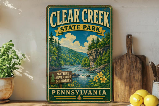 a vintage-style sign for Clear Creek State Park in Pennsylvania, with a scenic illustration of a river and forest.