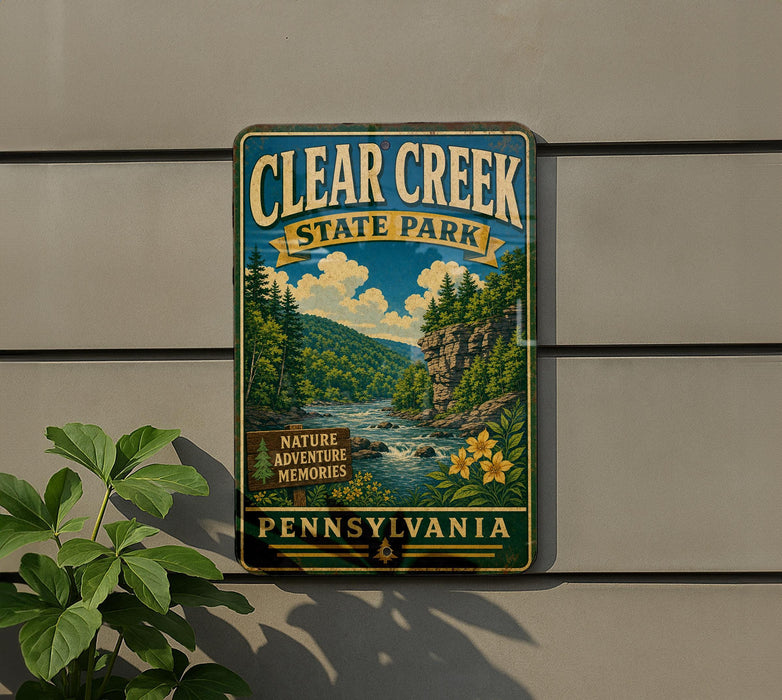A vintage-style metal sign for Clear Creek State Park in Pennsylvania, featuring a scenic landscape with a river, trees, and mountains.