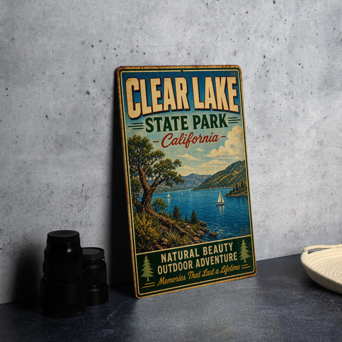 A vintage-style metal sign for Clear Lake State Park, California, featuring a scenic landscape with a lake, mountains, and a sailboat.