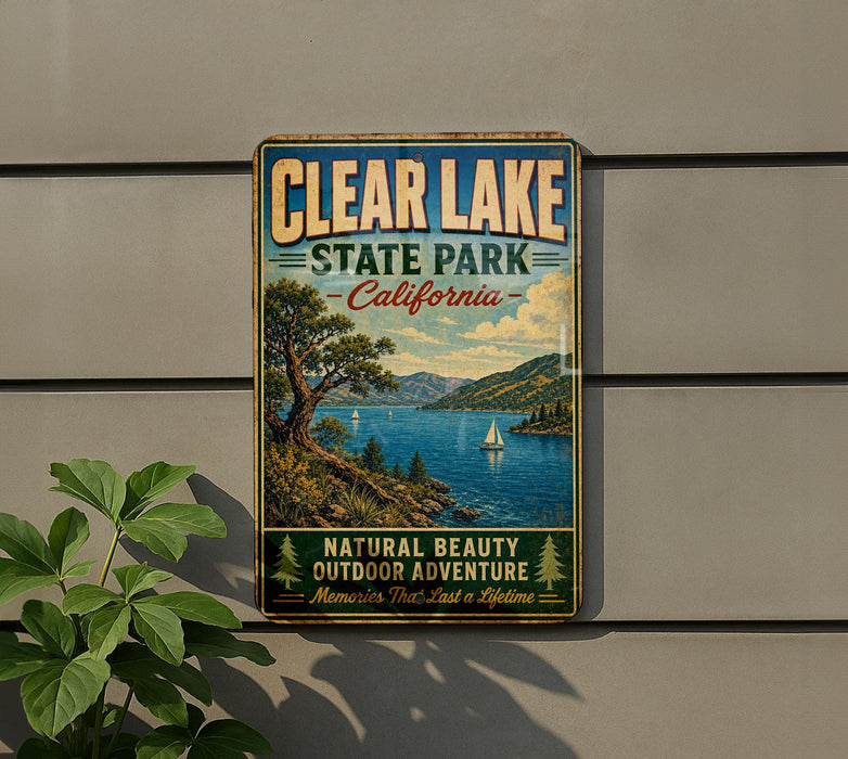 A vintage-style metal sign for Clear Lake State Park in California, featuring a scenic landscape with a lake, mountains, and sailboats.