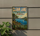 A vintage-style metal sign for Clear Lake State Park in California, featuring a scenic landscape with a lake, mountains, and sailboats.
